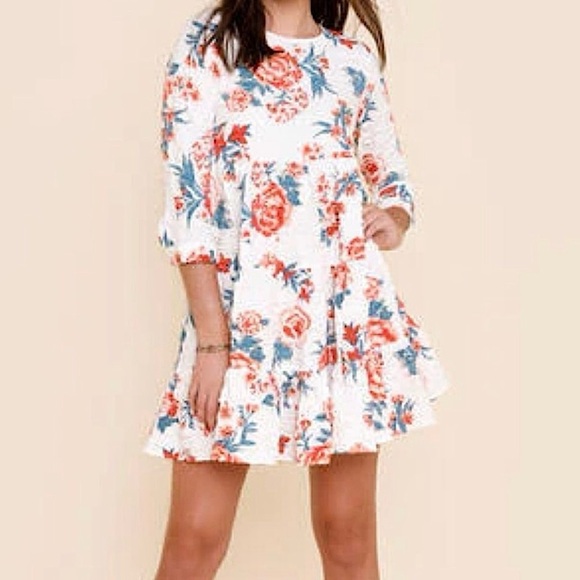 NWT‎ Francesca's Carra Floral Babydoll Mini Dress White Pink Red Blue Size Small - Picture 1 of 14